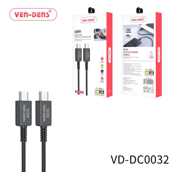 Ven-Dens Type C To Type C Charging Cable 60W Black (1.8 Meter)